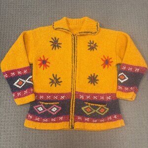 VTG Handmade Sweater Jacket Medium Mustard Yellow Wool Zip Up Jumper Navajo FLAW